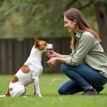 Femme entraînant un Fox Terrier à poil court dans un jardin, apprentissage de la position assise en extérieur