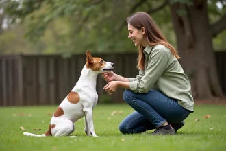 Femme entraînant un Fox Terrier à poil court dans un jardin, apprentissage de la position assise en extérieur