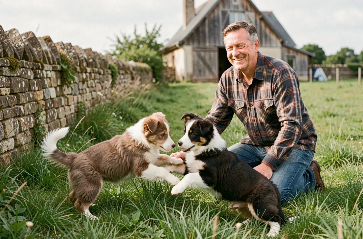 Chiots border collie jouant dans un pré vert à l'Élevage 2 Patis