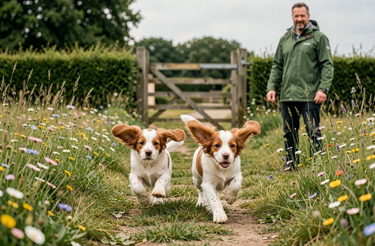 Chiots épagneuls breton courant dans un pré fleuri à l'Élevage du Dorlain