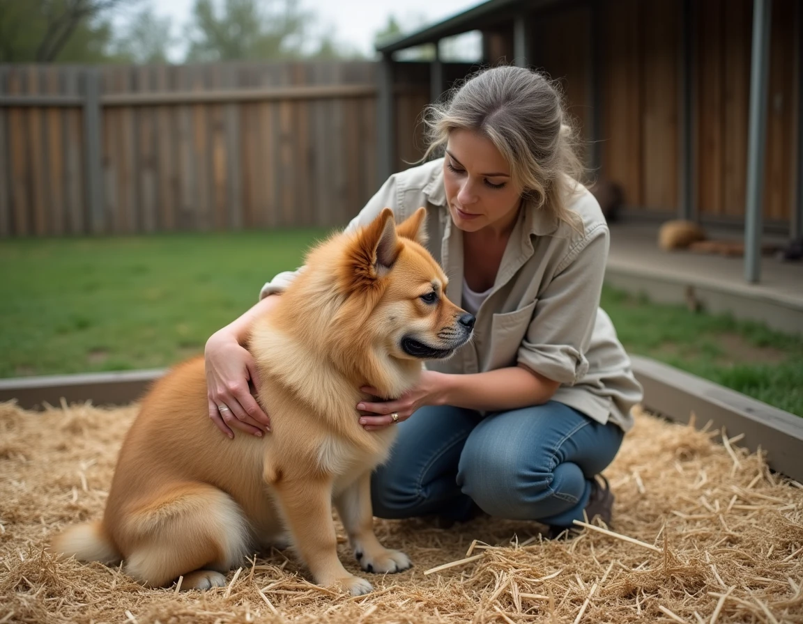 Éleveuse responsable avec un bouledogue français à poils longs dans un élevage éthique en plein air, illustrant les bonnes pratiques d'élevage