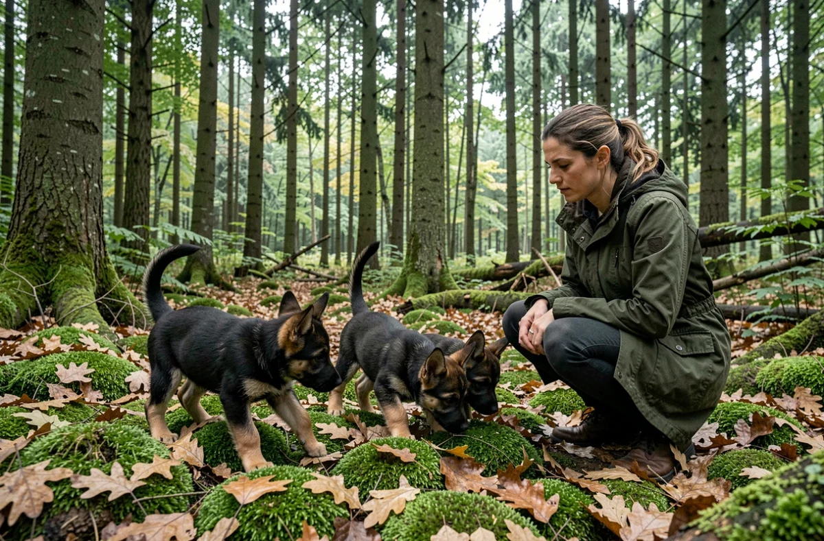 Chiots berger allemand explorant la forêt à l'Élevage de la Forêt de Sénart