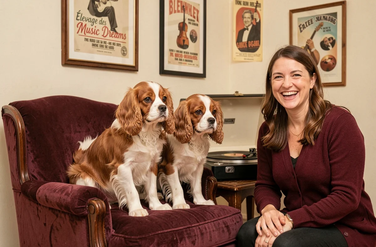 Chiots Cavalier King Charles spaniel dans un décor musical chez l'Élevage des Music Dreams