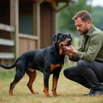 Éleveur professionnel de Rottweiler inspectant un chien adulte en bonne santé dans un chenil extérieur bien entretenu
