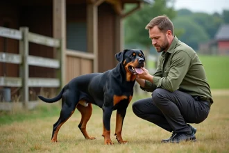 Éleveur professionnel de Rottweiler inspectant un chien adulte en bonne santé dans un chenil extérieur bien entretenu