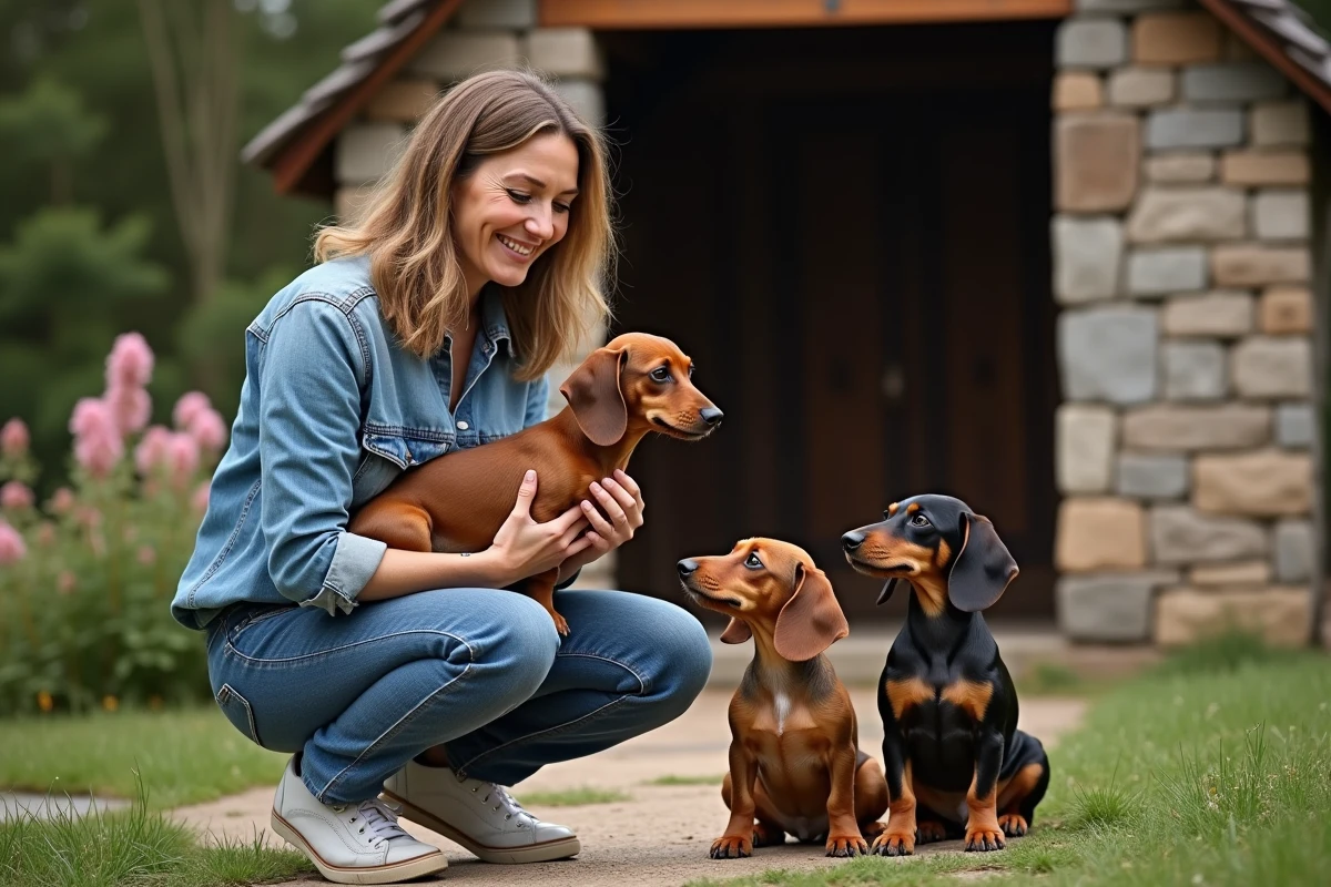 Eleveuse tenant un teckel à long poil avec deux chiots à ses pieds en extérieur