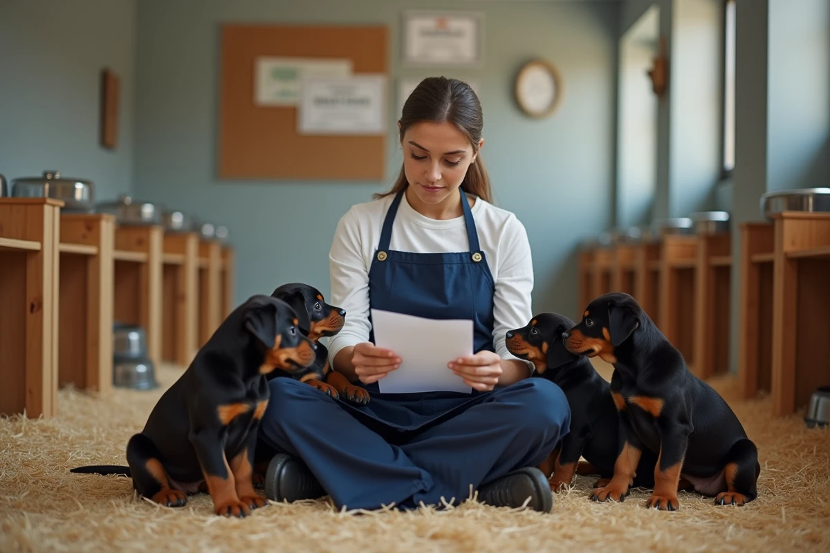 Éleveuse de Rottweiler avec une portée de chiots dans une salle de mise bas propre et organisée avec des documents de pedigree