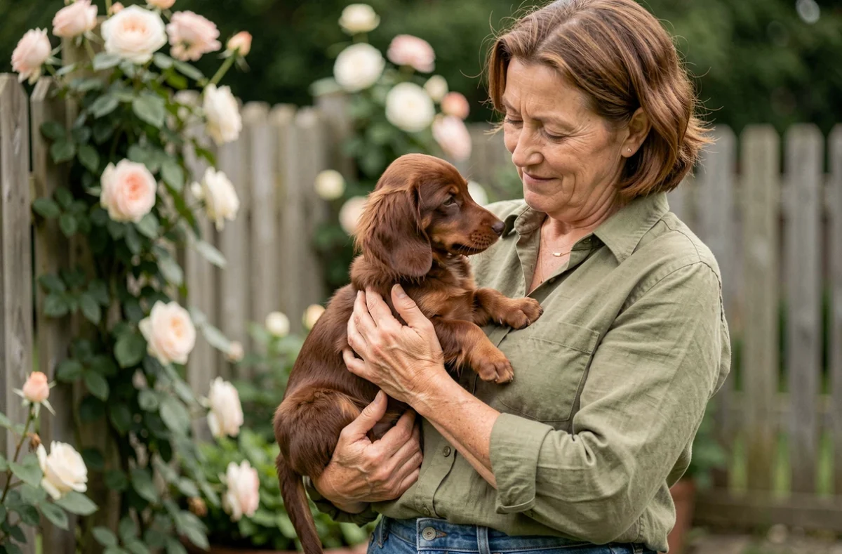 Éleveuse expérimentée tenant dans ses bras un chiot teckel à poil long dans un jardin verdoyant, illustrant les soins et l'expertise d'un élevage responsable