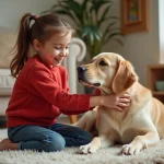Fille souriante caressant un golden retriever dans le salon