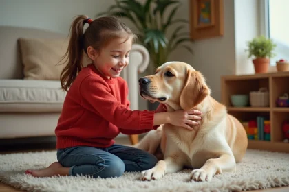 Fille souriante caressant un golden retriever dans le salon