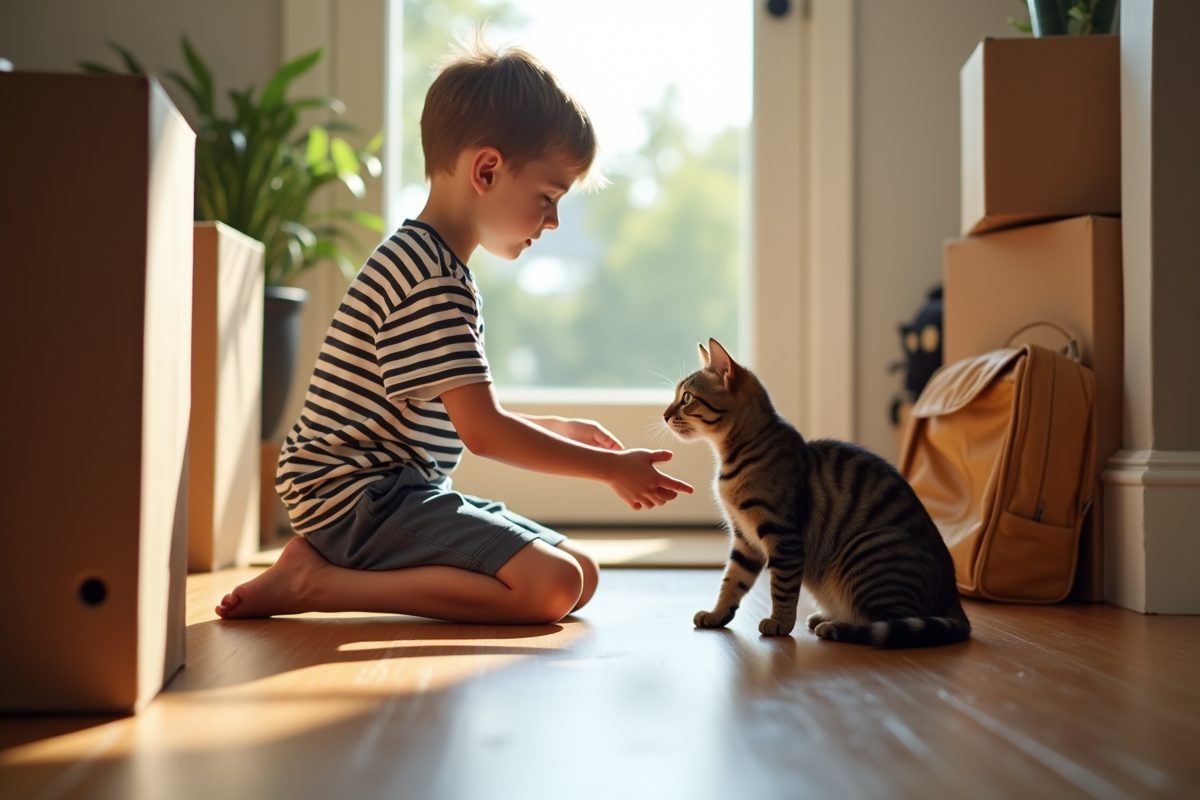Garçon jouant avec un chat dans une entrée lumineuse