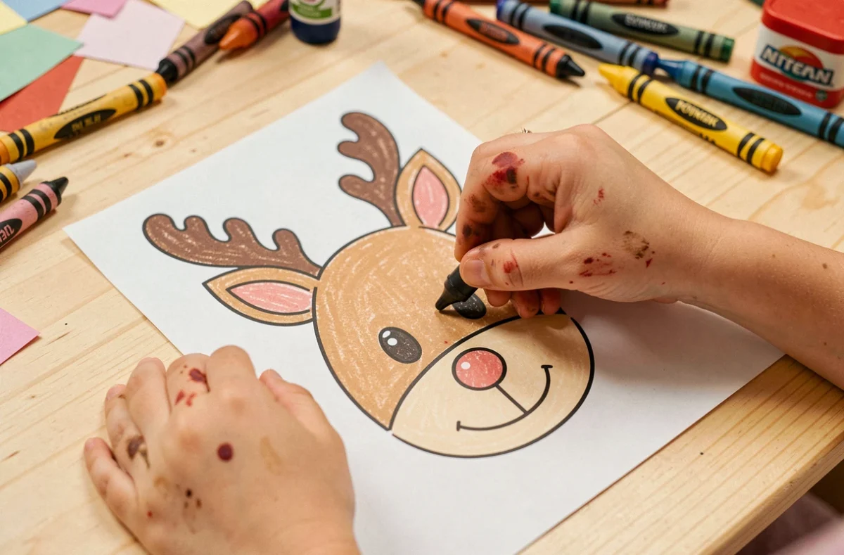 Mains d'un enfant de maternelle coloriant un dessin simple de tête de renne avec des crayons de couleur sur une table en bois