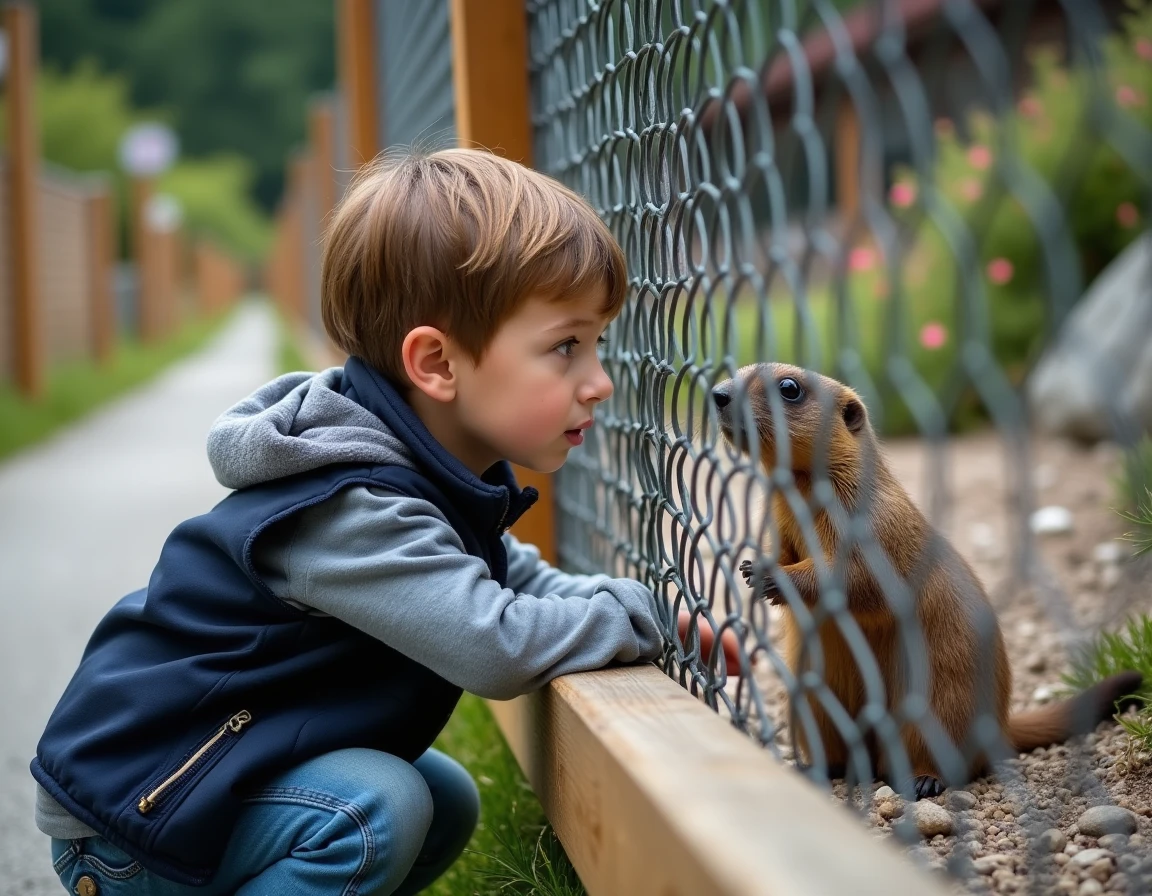 Enfant fasciné par une marmotte dans un enclos de parc animalier alpin