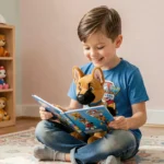 Jeune garçon en t-shirt Pat Patrouille jouant avec une peluche chien de berger sur le sol de sa chambre