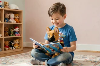 Jeune garçon en t-shirt Pat Patrouille jouant avec une peluche chien de berger sur le sol de sa chambre