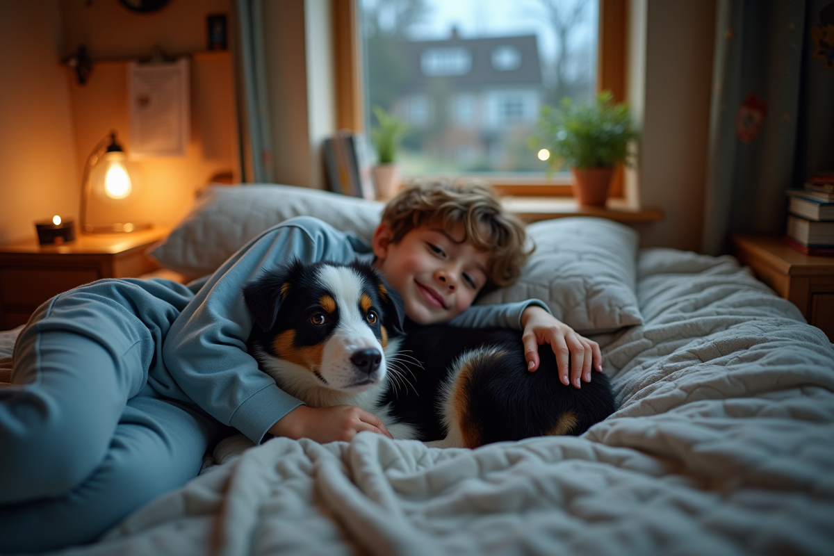 Enfant au lit avec un chiot border collie dans sa chambre