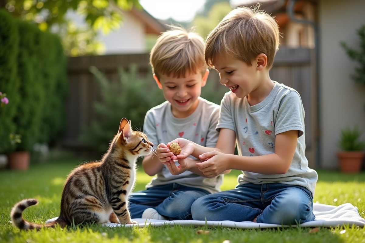 Enfants nourrissant un chat dans un jardin ensoleille