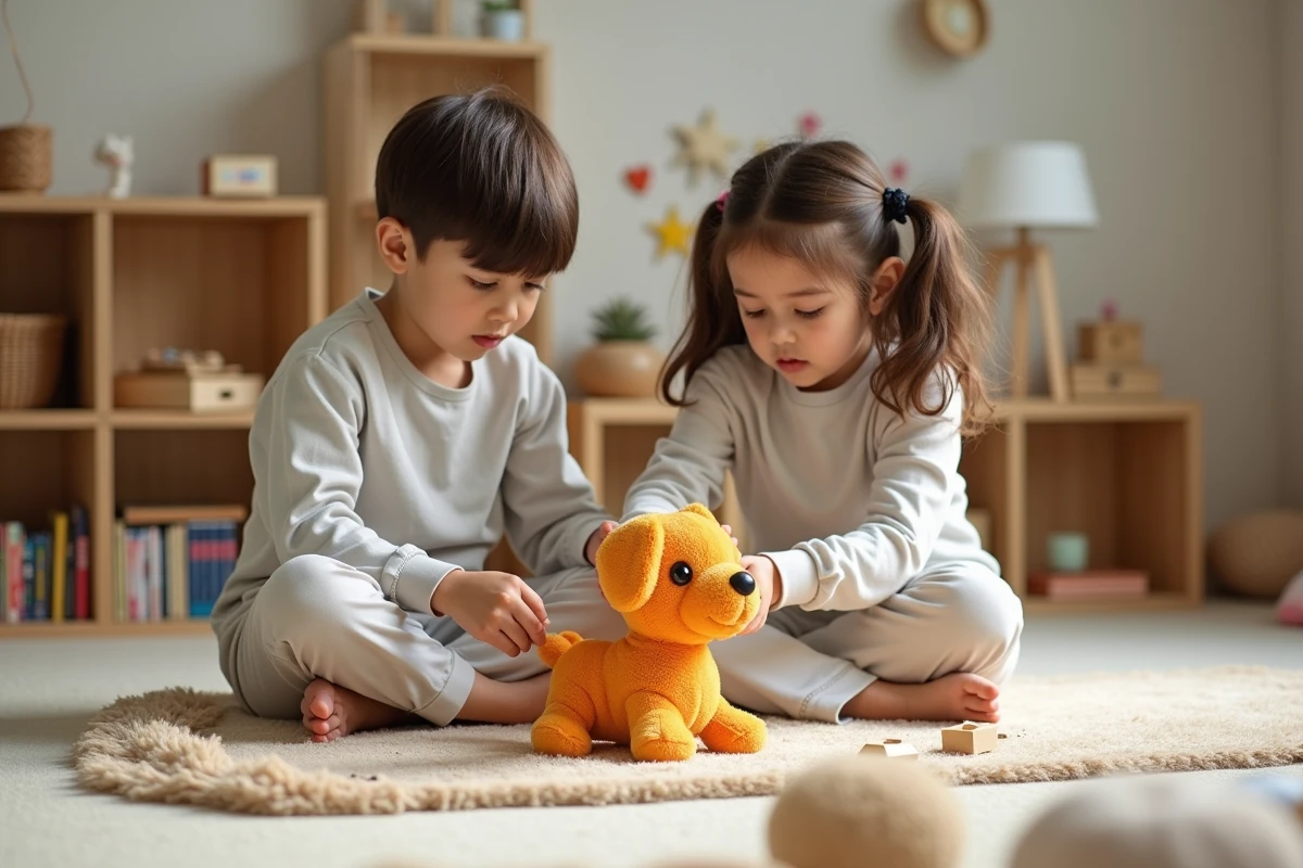 Enfants jouant avec un chien en peluche dans la salle de jeux