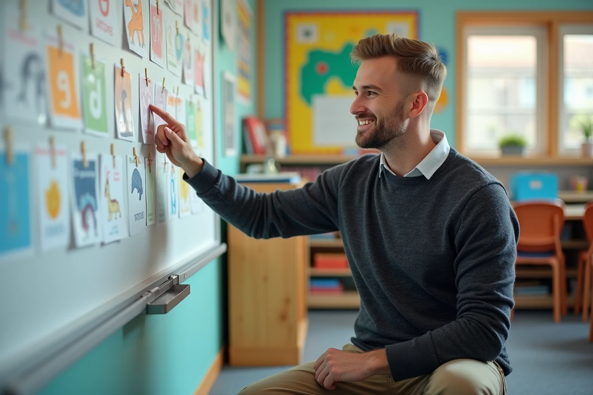 Enseignant pointant une illustration de dauphin sur un tableau éducatif dans une salle de classe, dans le cadre d'un jeu sur les animaux commençant par D