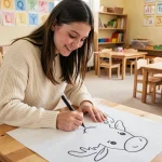 Enseignante de maternelle dessinant une tête de renne simple avec un marqueur noir sur une grande feuille blanche dans une salle de classe colorée