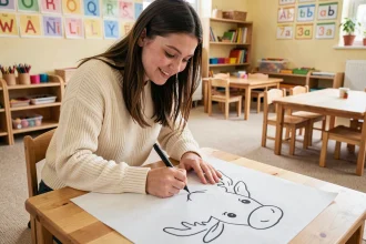 Enseignante de maternelle dessinant une tête de renne simple avec un marqueur noir sur une grande feuille blanche dans une salle de classe colorée