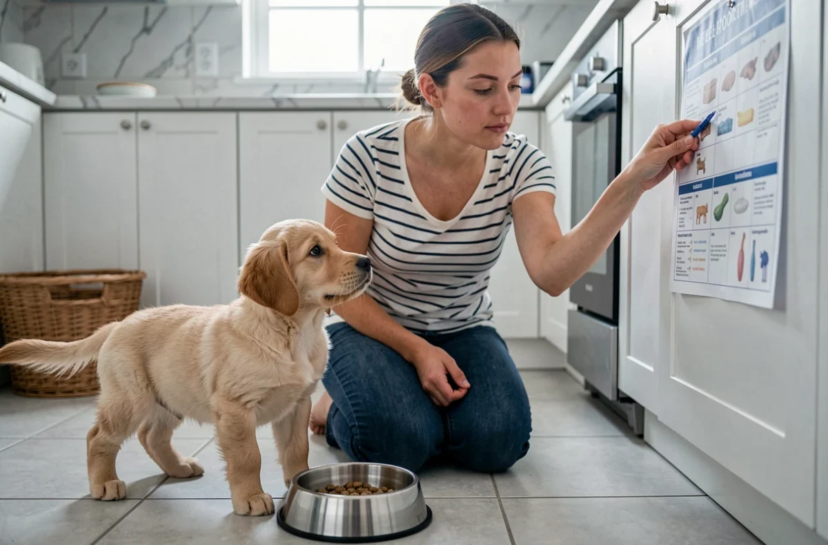 Femme vérifiant la quantité de nourriture dans la gamelle d'un chiot golden retriever miniature dans une cuisine moderne