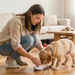 Jeune femme corrigeant doucement un chiot golden retriever miniature qui mâche une chaussure dans un appartement moderne