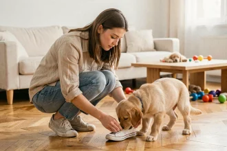 Jeune femme corrigeant doucement un chiot golden retriever miniature qui mâche une chaussure dans un appartement moderne