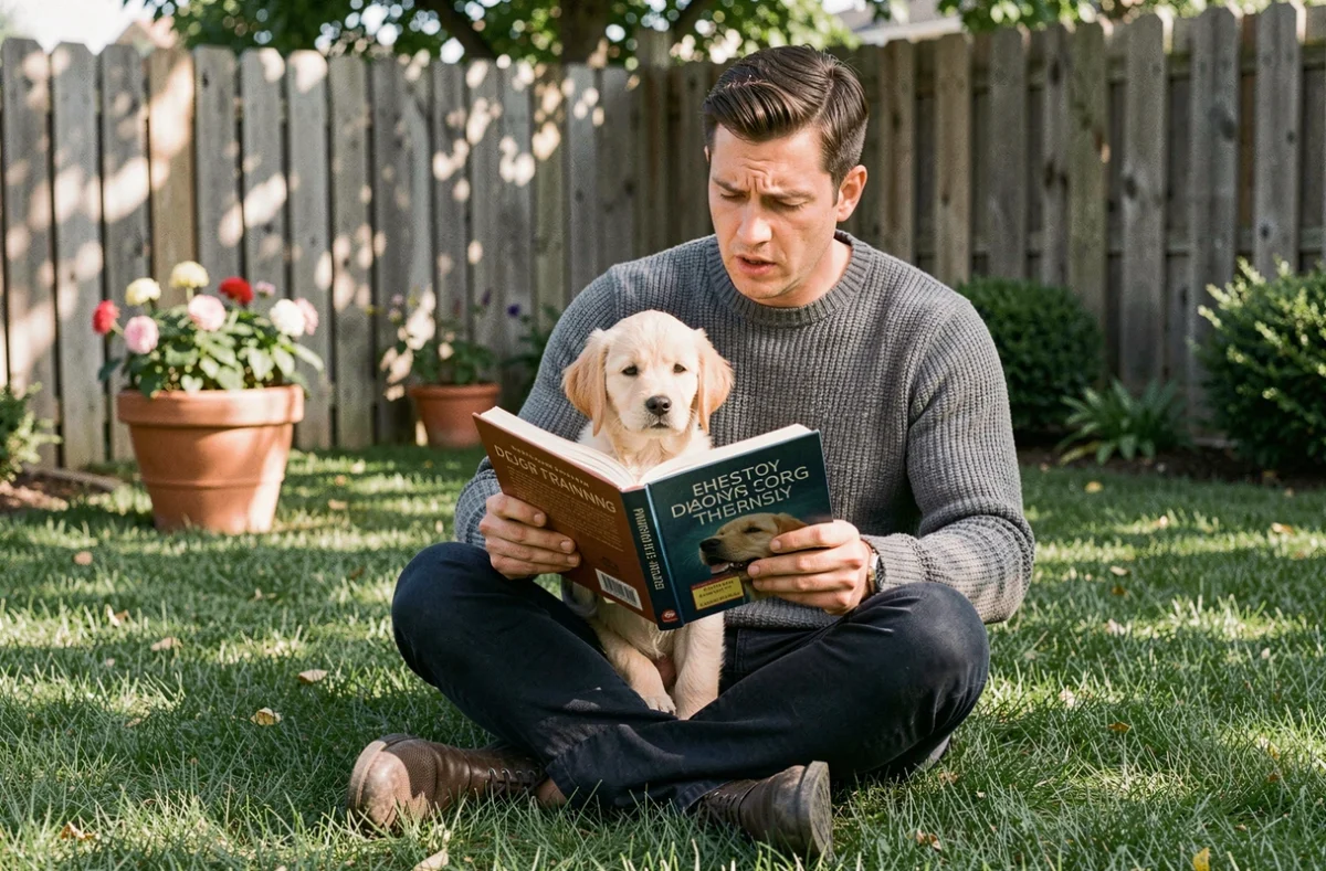 Homme assis dans un jardin lisant un livre d'éducation canine avec un chiot golden retriever miniature sur les genoux