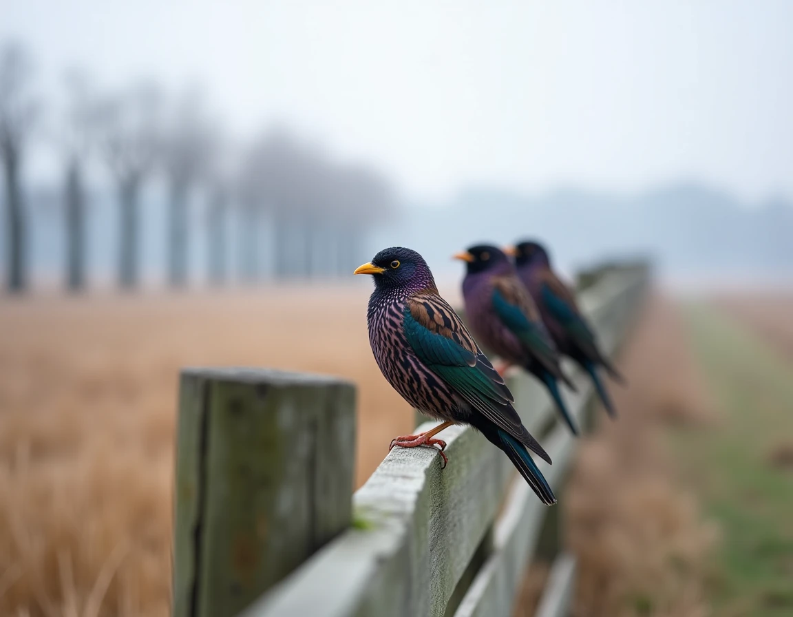 Groupe d'étourneaux sansonnets perchés sur une clôture en bois dans un champ rural français en hiver