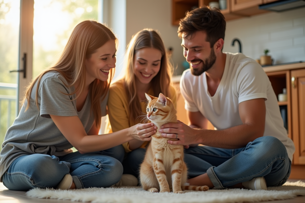Famille heureuse présente un chaton à un chat plus âgé dans la cuisine