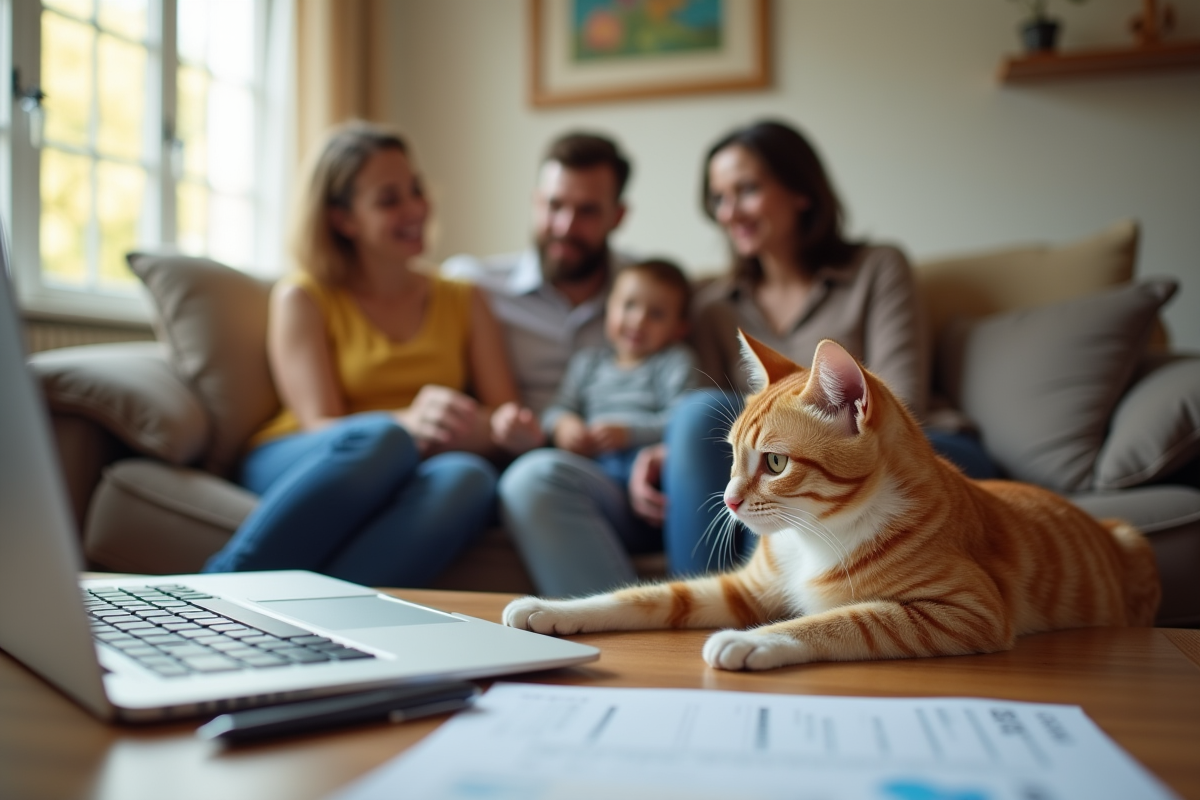 Famille heureuse avec leur chat relaxe dans le salon en journée