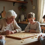Famille jouant à un jeu de lettres autour d'une table en bois, scène chaleureuse et authentique en cuisine