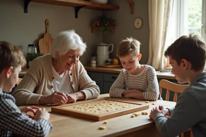 Famille jouant à un jeu de lettres autour d'une table en bois, scène chaleureuse et authentique en cuisine