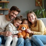 Famille souriante avec jouet chien dans un salon moderne