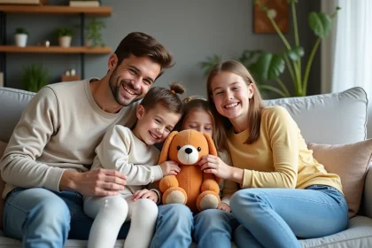 Famille souriante avec jouet chien dans un salon moderne