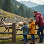 Famille avec enfants observant des bouquetins dans un parc animalier en Savoie