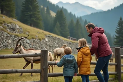 Famille avec enfants observant des bouquetins dans un parc animalier en Savoie