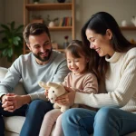 Parents souriants avec leur fille jouant avec Bunny Pal