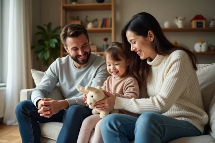 Parents souriants avec leur fille jouant avec Bunny Pal