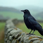 Corneille noire femelle perchée sur un mur de pierres en campagne française, plumage lustré bleu-noir avec reflets irisés