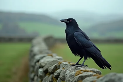 Corneille noire femelle perchée sur un mur de pierres en campagne française, plumage lustré bleu-noir avec reflets irisés