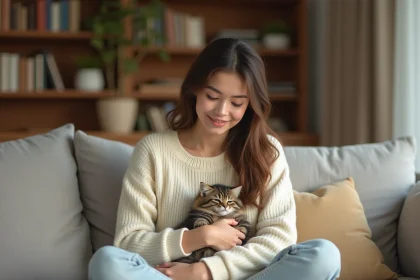 Jeune femme tenant tendrement un chaton tabby calme contre elle sur un canapé en lin gris dans un salon cosy