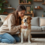 Jeune femme caressant son chien dans un intérieur chaleureux