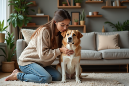 Jeune femme caressant son chien dans un intérieur chaleureux
