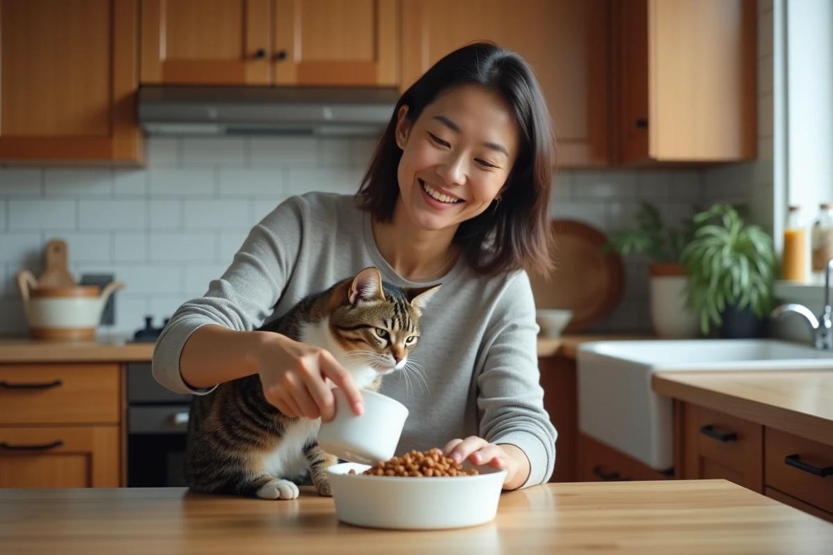 Femme versant nourriture humide pour chat dans un bol en céramique