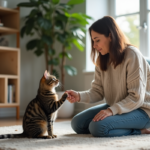 Femme assise avec un chat tabby dans un salon cosy
