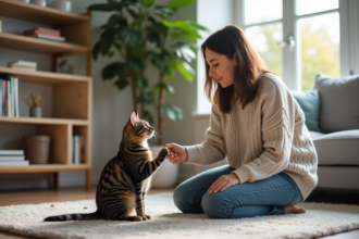 Femme assise avec un chat tabby dans un salon cosy