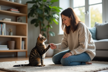 Femme assise avec un chat tabby dans un salon cosy
