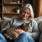 Femme assise avec chat malade sur ses genoux dans le salon